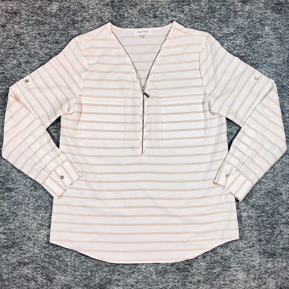 Calvin Klein Blouse‎ Womens S White Tan Striped 1/2 Zip Roll Tab Office Career